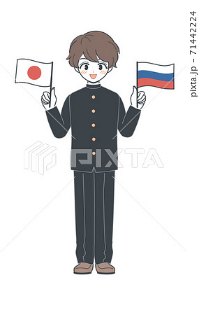 ロシア国旗と日本国旗を持つ学ランの学生 ベクターのイラスト素材