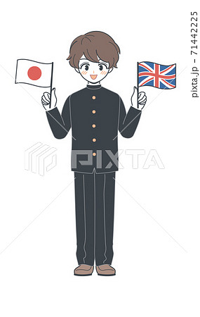 イギリス国旗と日本国旗を持つ学ランの学生 ベクターのイラスト素材