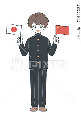 中国旗と日本国旗を持つ学ランの学生・ベクター