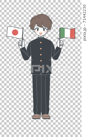 イタリア国旗と日本国旗を持つ学ランの学生・ベクター 71442230