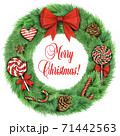 Realistic wreath with big red bow and Christmas decorations 71442563