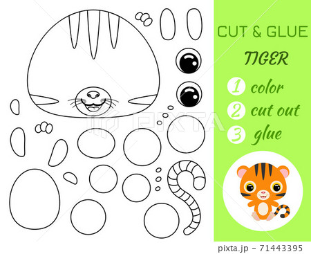 Simple educational game coloring page cut and glue sitting baby tiger for kids. Educational paper game for preschool children. Color, cut parts and glue on paper. Vector stock illustration. Simple educational game coloring page cut and glue sitting baby tiger for kids. Educational paper game for preschool children. Color, cut parts and glue on paper. Vector stock illustration. 71443395