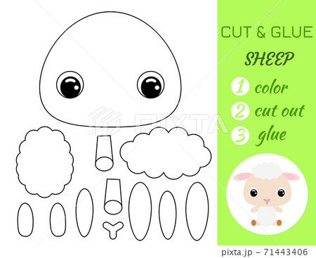 Simple educational game coloring page cut and glue sitting baby sheep for kids. Educational paper game for preschool children. Color, cut parts and glue on paper. Vector stock illustration. 71443406
