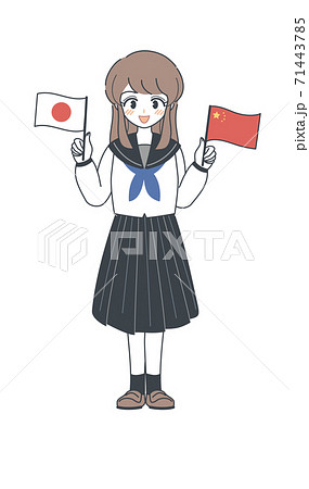 中国旗と日本国旗を持つセーラー服の学生・ベクター