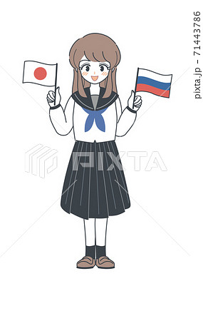 ロシア国旗と日本国旗を持つセーラー服の学生 ベクターのイラスト素材