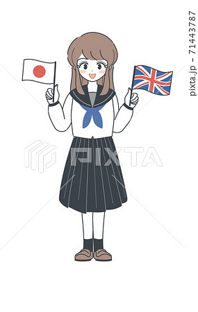  イギリス国旗と日本国旗を持つセーラー服の学生・ベクター
