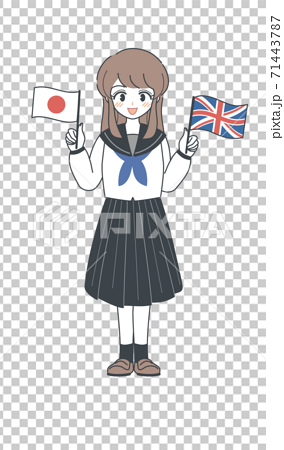 イギリス国旗と日本国旗を持つセーラー服の学生・ベクター 71443787