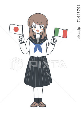 イタリア国旗と日本国旗を持つセーラー服の学生・ベクター 71443791