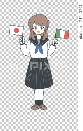 イタリア国旗と日本国旗を持つセーラー服の学生・ベクター 71443791
