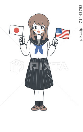 アメリカ国旗と日本国旗を持つセーラー服の学生 ベクターのイラスト素材