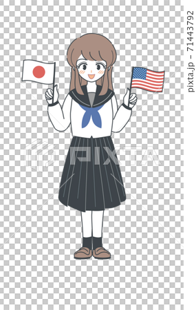 アメリカ国旗と日本国旗を持つセーラー服の学生 ベクターのイラスト素材