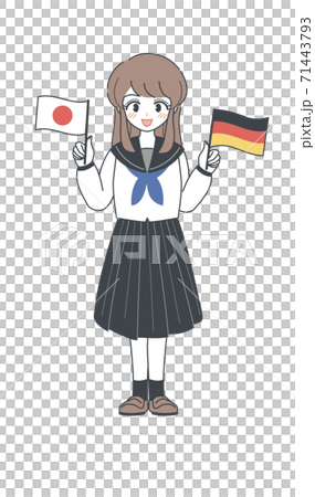 ドイツ国旗と日本国旗を持つセーラー服の学生・ベクター 71443793