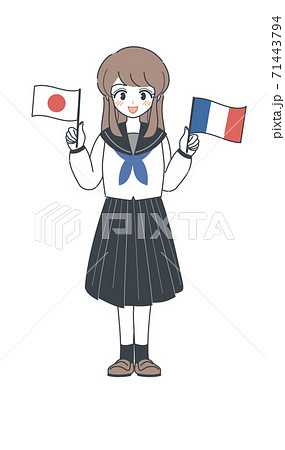 フランス国旗と日本国旗を持つセーラー服の学生 ベクターのイラスト素材
