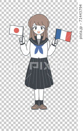 フランス国旗と日本国旗を持つセーラー服の学生 ベクターのイラスト素材