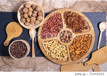 nuts peanuts, hazelnuts, almonds, cashews, walnuts, pecans on a wooden table. Top view with space for your text 71443933