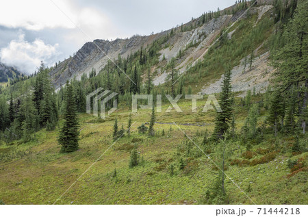 Storm clouds lifting over remote mountain range and alpine meadow 71444218