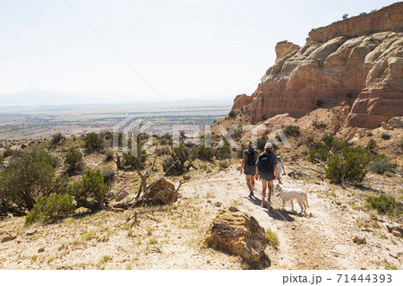 Family hiking on a trail through a protected canyon landscape 71444393