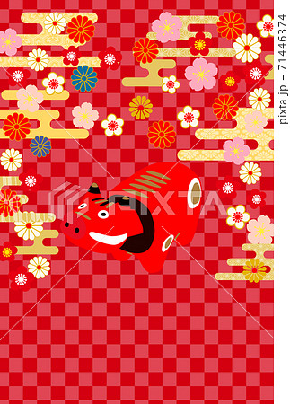 2021年丑年年賀状赤べこ-和柄赤色背景 2021年丑年年賀状赤べこ-和柄赤色背景 71446374
