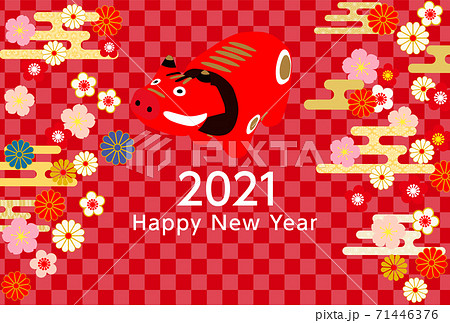 2021年丑年年賀状赤べこ-和柄赤色背景 2021年丑年年賀状赤べこ-和柄赤色背景 71446376