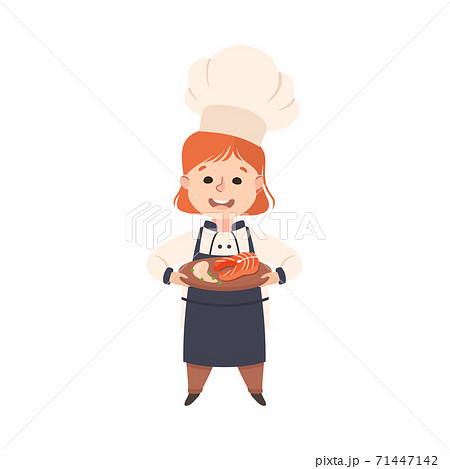 Cute Girl Chef Cook Holding Platter with Salmon Steak, Smiling Kid in Chef Uniform Cooking in Kitchen Cartoon Style Vector Illustration 71447142