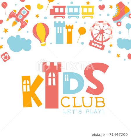 Kids Club Banner Template, Childrens Land, Entertainment Playground Promo Poster with Amusement Park Elements Seamless Pattern Cartoon Vector Illustration 71447200