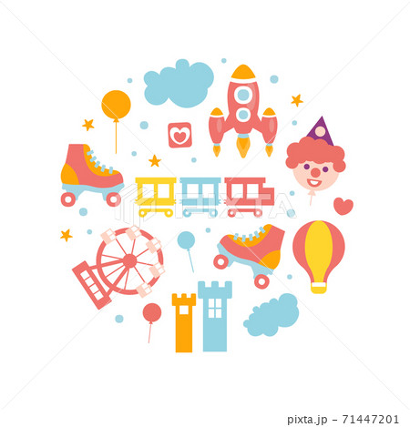Amusement Park Elements of Round Shape Banner Template, Kids Entertainment Club Design Cartoon Vector Illustration 71447201
