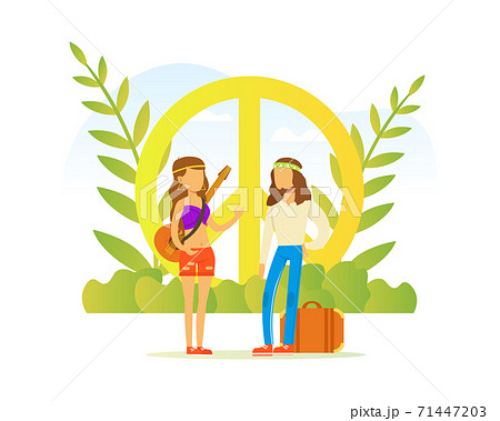Hippie People Characters, Couple Wearing Retro Clothes of the 60s and 70s Standing at Peace Style Vector Illustration 71447203