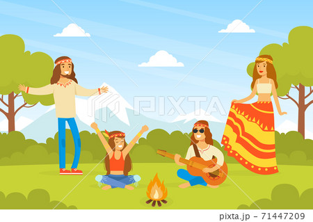 Hippie Characters, Group of Young Men and Women Playing Guitar and Dancing on on Nature, Happy People Wearing Retro Clothes of the 60s and 70s Vector Illustration 71447209