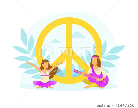 Hippie Characters Sitting in Meditation Pose at Peace Symbol, Happy People Wearing Retro Clothes of the 60s and 70s Playing Guitar Vector Illustration 71447210