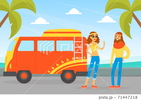 Hippie Characters, Young Man and Woman Standing Next Old Retro Classic Traveling Van, Happy People Wearing Retro Clothes of the 60s and 70s Vector Illustration 71447218