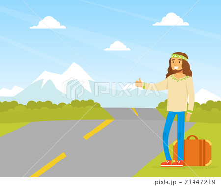 Hippie Man Character Hitchhiking, Man Wearing Retro Clothes of the 60s and 70s Traveling by Autostop Vector Illustration Hippie Man Character Hitchhiking, Man Wearing Retro Clothes of the 60s and 70s Traveling by Autostop Vector Illustration 71447219
