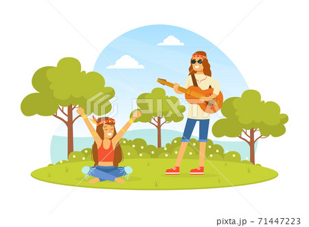 Hippie Characters on Summer Nature Landscape, Young Man Playing Guitar, Happy People Wearing Retro Clothes of the 60s and 70s Vector Illustration Hippie Characters on Summer Nature Landscape, Young Man Playing Guitar, Happy People Wearing Retro Clothes of the 60s and 70s Vector Illustration 71447223