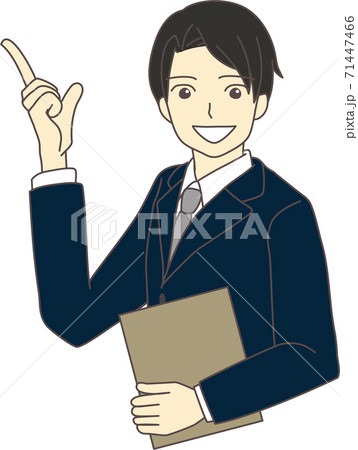 片手で指差しながら説明をしているスーツ姿のビジネスマンのイラスト素材 片手で指差しながら説明をしているスーツ姿のビジネスマンのイラスト素材