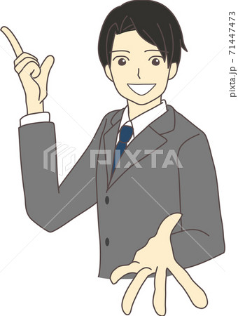 片手で指差しながら説明をしているスーツ姿のビジネスマンのイラスト素材