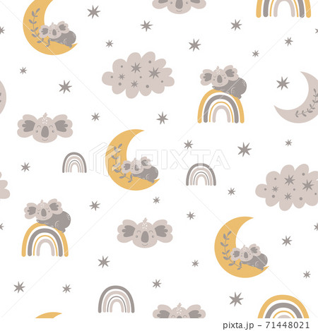 Baby bear pattern. Sweet dream. Sleeping koala bear on the moon, rainbows, clouds, stars. Scandinavian kids texture Baby bear pattern. Sweet dream. Sleeping koala bear on the moon, rainbows, clouds, stars. Scandinavian kids texture 71448021