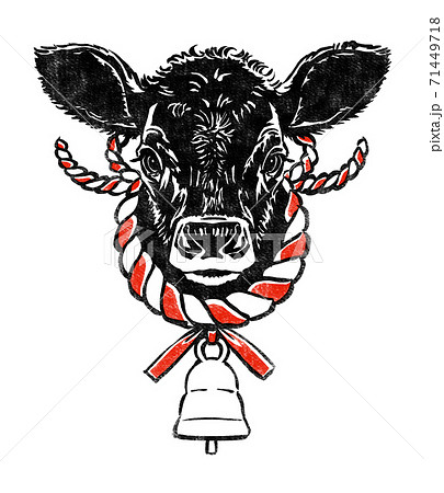 注連飾り仕様のカウベルを付けた黒毛牛の仔牛の顔 版画風 黒と赤のイラスト素材