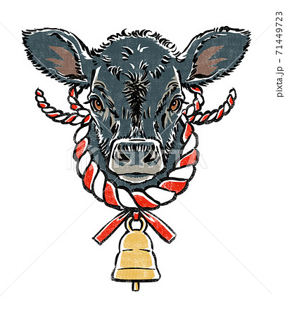 注連飾り仕様のカウベルを付けた黒毛牛の仔牛の顔 版画風のイラスト素材