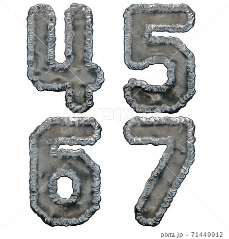 Set of numbers 4, 5, 6, 7 made of industrial metal on white background 3d 71449912