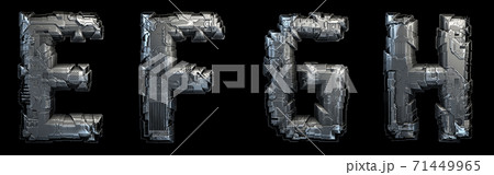 Set of capital letters E, F, G, H made of metal isolated on black background. 3d Set of capital letters E, F, G, H made of metal isolated on black background. 3d 71449965