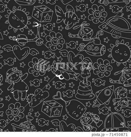 Seamless image. Kindergarten, toys vector pattern. Little children creativity and imagination. Online education, educational games. Seamless image. Kindergarten, toys vector pattern. Little children creativity and imagination. Online education, educational games. 71450871