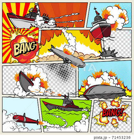 Template comic book page with warships. Pop art ships that explode. Military action. Comic book page divided by lines with speech bubbles superhero and sounds effect. Retro background mock-up 71453236
