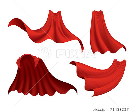 Superhero red cape in different positions on white background. Scarlet fabric silk cloak. Mantle costume or cover cartoon vector set 71453237