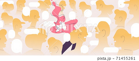 Woman suffers from loudy crowd. Concept character in depreddion because of public condemnation and social media overflow Woman suffers from loudy crowd. Concept character in depreddion because of public condemnation and social media overflow 71455261