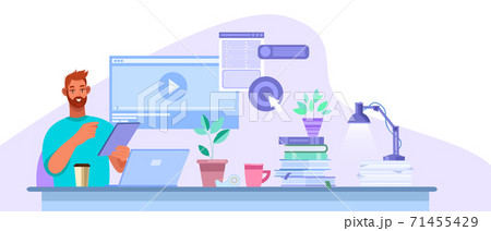 Online education vector illustration with young student studying in internet at home, laptop, desk.  71455429