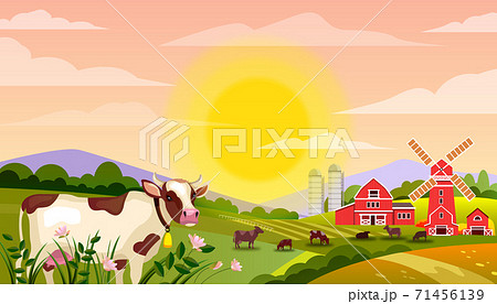 Milk farm vector landscape with bull, green fields, cows, big rising sun, grass, mill. Milk farm vector landscape with bull, green fields, cows, big rising sun, grass, mill. 71456139