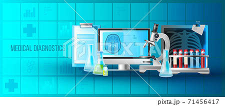 Medical diagnostics center healthcare banner with microscope, x-ray, PC display, brain, flipchart.  71456417