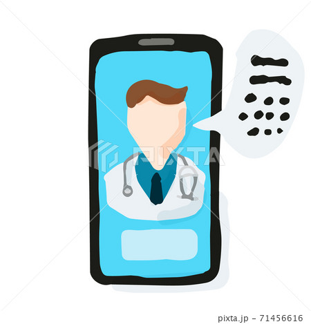 Online consultation with male doctor via smartphone; Hand drawn vector illustration like woodblock print Online consultation with male doctor via smartphone; Hand drawn vector illustration like woodblock print 71456616