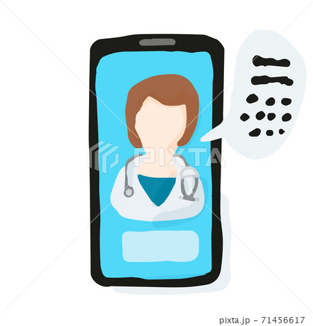 Online consultation with female doctor via smartphone; Hand drawn vector illustration like woodblock print Online consultation with female doctor via smartphone; Hand drawn vector illustration like woodblock print 71456617