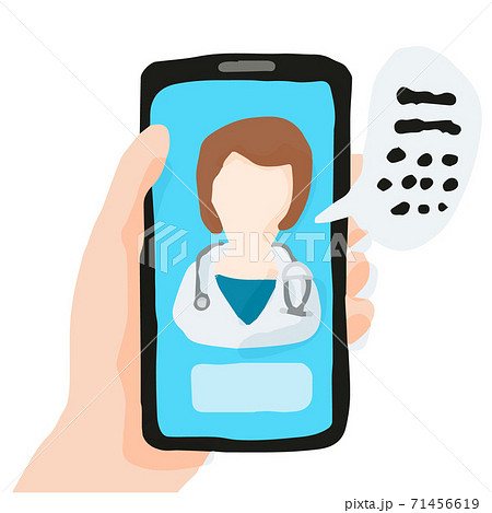 Online consultation with female doctor via smartphone, Hand holding phone; Hand drawn vector illustration like woodblock print 71456619