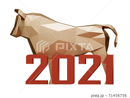 figurine of a simplified polygonal metal golden bull and red number 2021, isolated on white, symbol of the new year 2021, 3d render figurine of a simplified polygonal metal golden bull and red number 2021, isolated on white, symbol of the new year 2021, 3d render 71456736